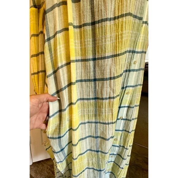 Free People By My Side Button Up Oversized Summer Yellow Plaid Tunic Size XS - Picture 4 of 11